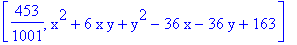 [453/1001, x^2+6*x*y+y^2-36*x-36*y+163]